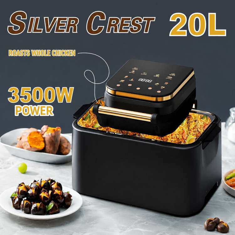 سرخ کن هوا پز ایر فرایر 20 لیتری المنت بزرگ سیلورکرست مدل SL2025 SilverCrest توان 3500 وات SilverCrest Air Fryer 15L SL2025 بدنه استیل و مدرن و شیشه دوجه داره پیرکس