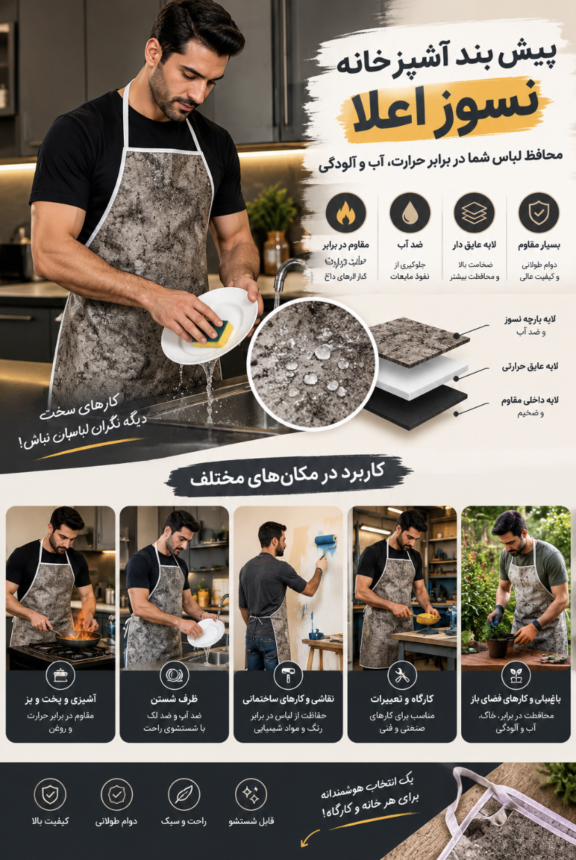 خرید پیش بند آشپزخونه پیشبند ظرفشویی نسوز جنس اعلا قیمت اقتصادی با کیفیت مقاوم  ضد آب مناسب آشپزی و استفاده روزمره و مناسب منزل و محل کار کمپینگ